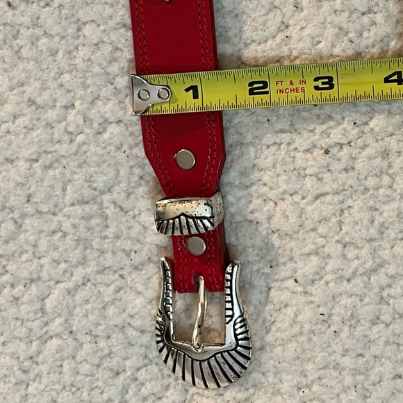 Red Leather Belt with Silver design and Buckle Made in the USA - Picture 7 of 15
